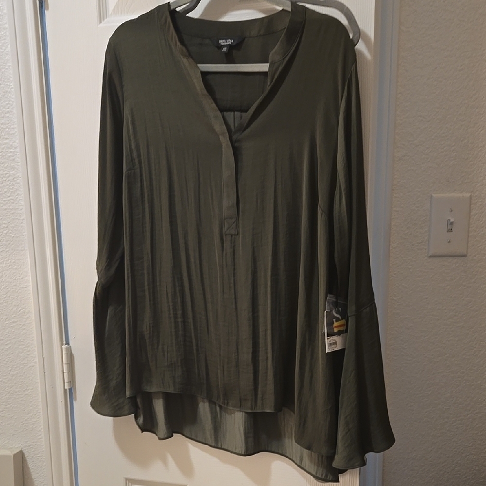 Simply Vera Vera Wang Green Long Sleeve Mandarin Collar Blouse
